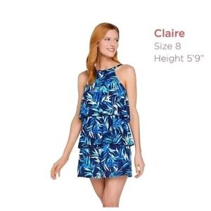 Fit 4 U - Hi Neck Double Tiered Printed Romper Swimsuit Swim Dress Size 18W